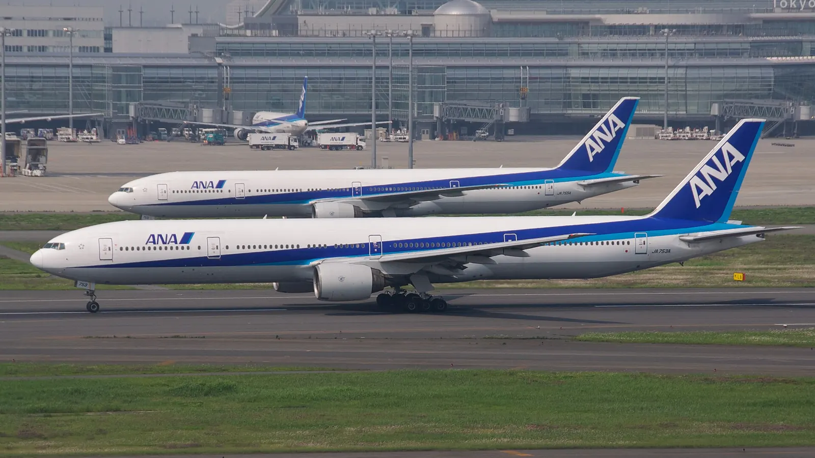 羽田空港の駐機場に並ぶ ANA のボーイング 777