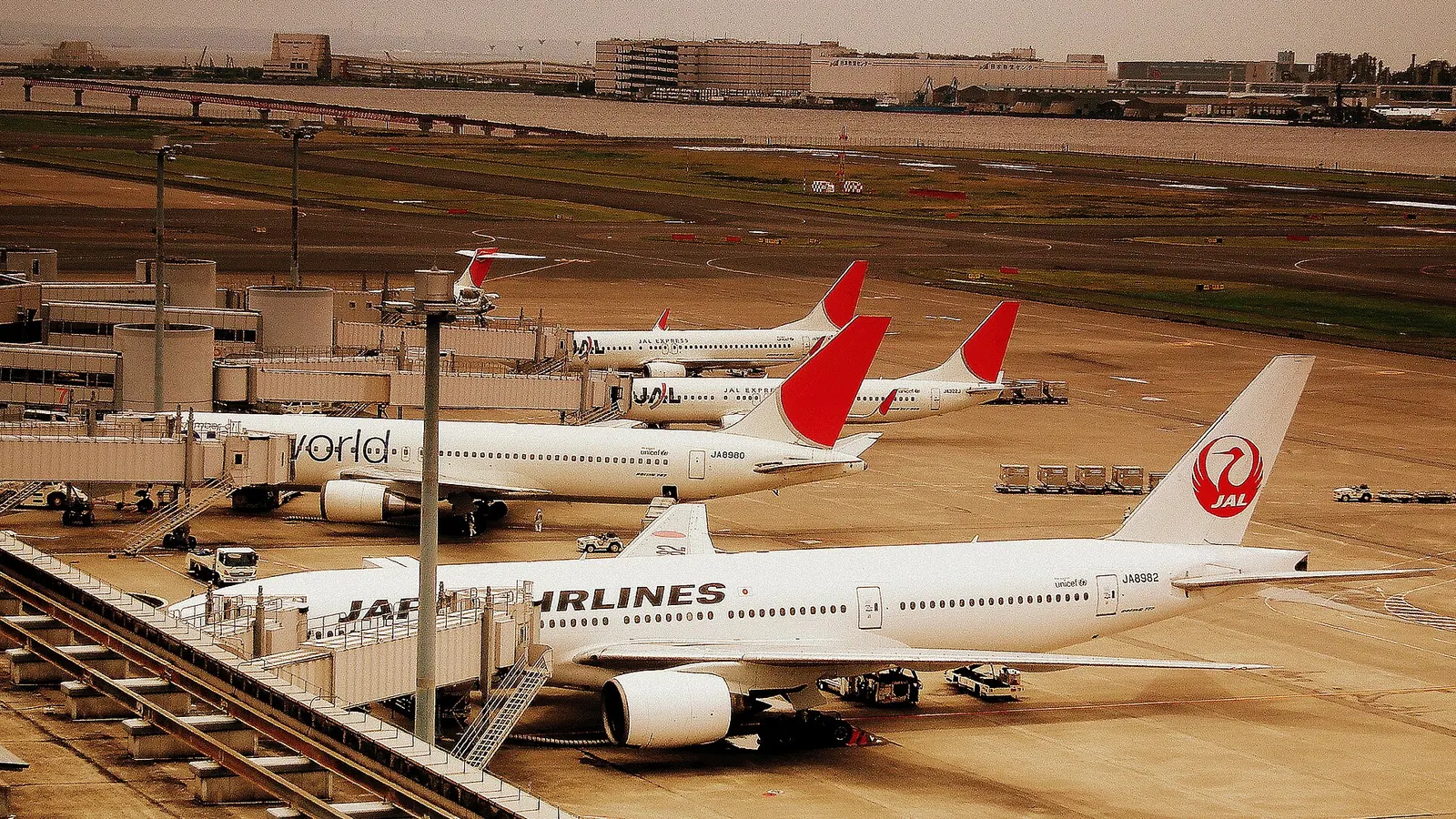 羽田空港に並ぶ JAL の旅客機。手前の機体はワンワールド塗装