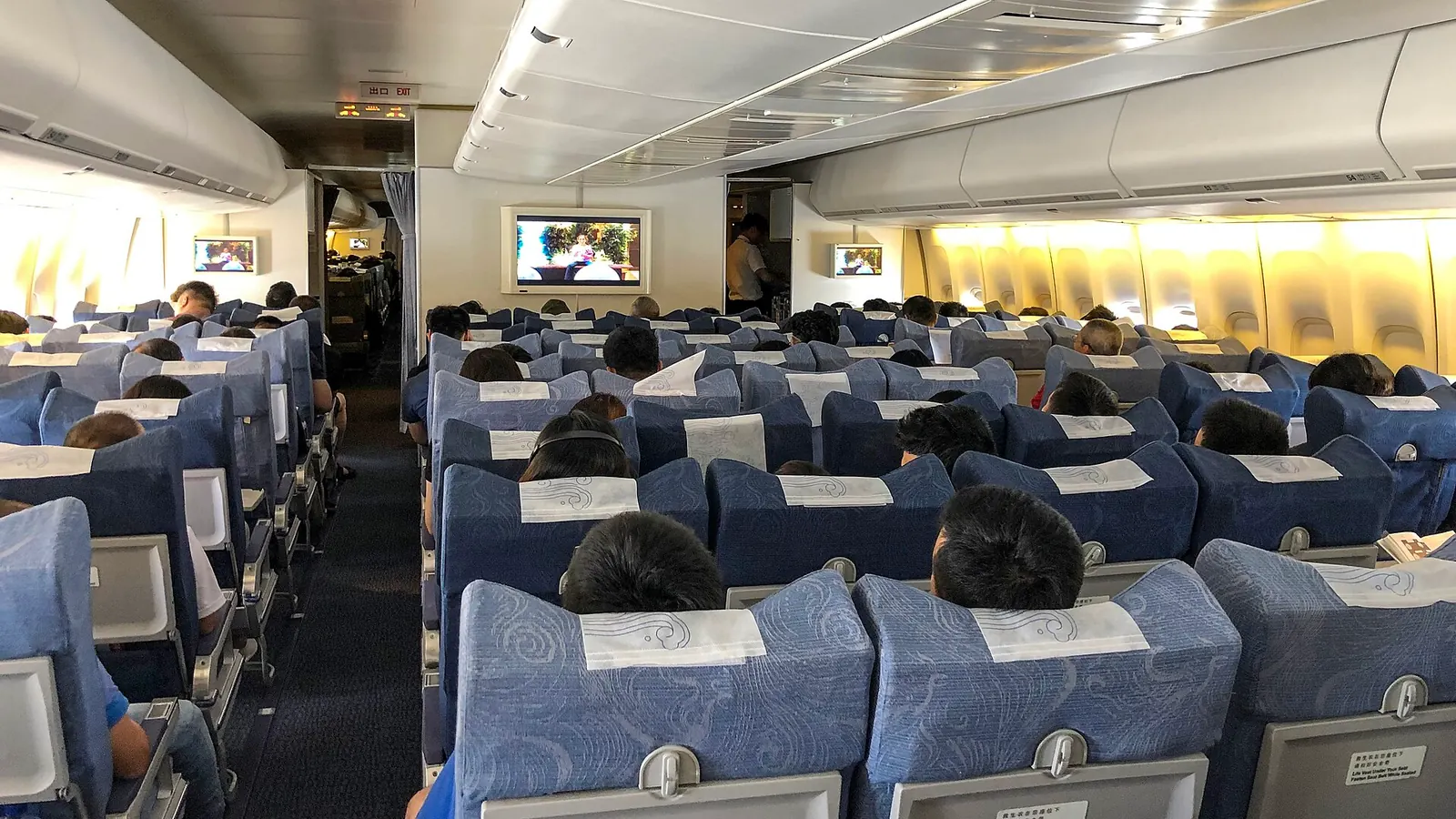旅客機のエコノミークラス客室。座席が並び、前方にモニターが見える